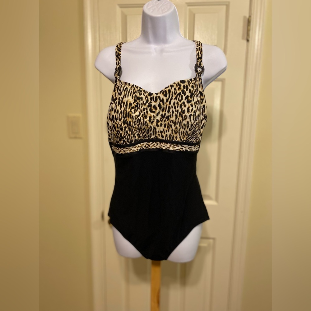 PROFILE Leopard Print and Black Women's One Piece Swim Suit, Size: 14